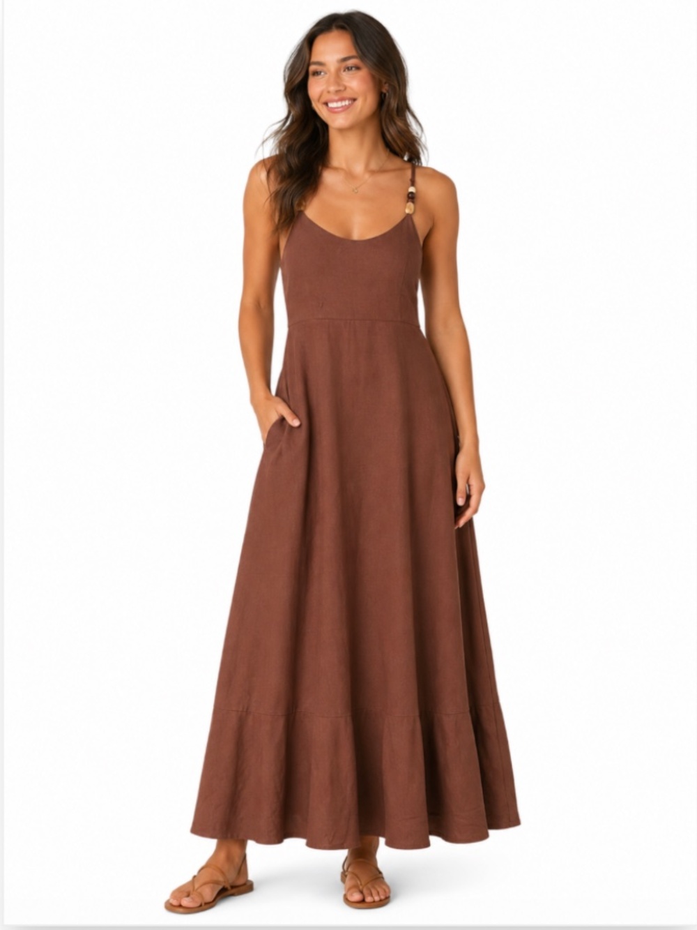 Paper Heart Linen Blend Maxi Dress with Beaded Adjustable Straps Brown Size XS